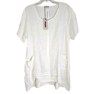 Lungo L Arno Womens White Tunic‎ Blouse Linen Short Sleeve Pockets Size 1X NWT